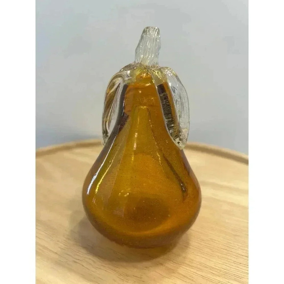Vintage Murano-style Art Blown Glass Paperweight Amber / Brown Pear Applied Stem - Picture 1 of 6